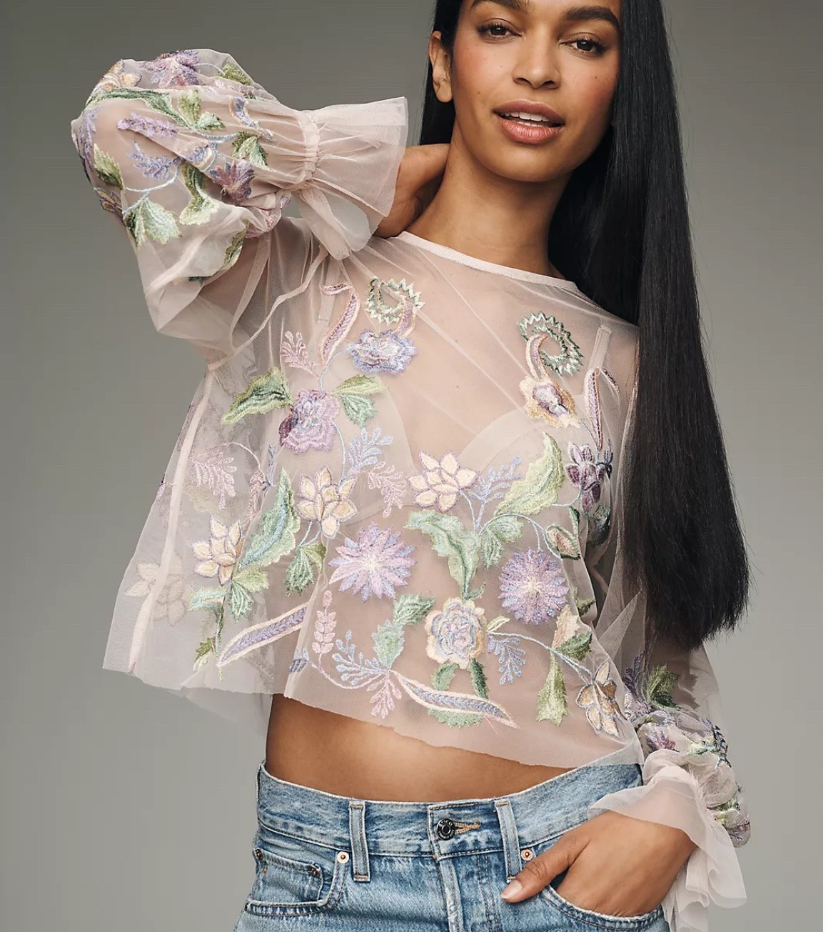 By Anthropologie Long-Sleeve Embroidered Mesh Top
