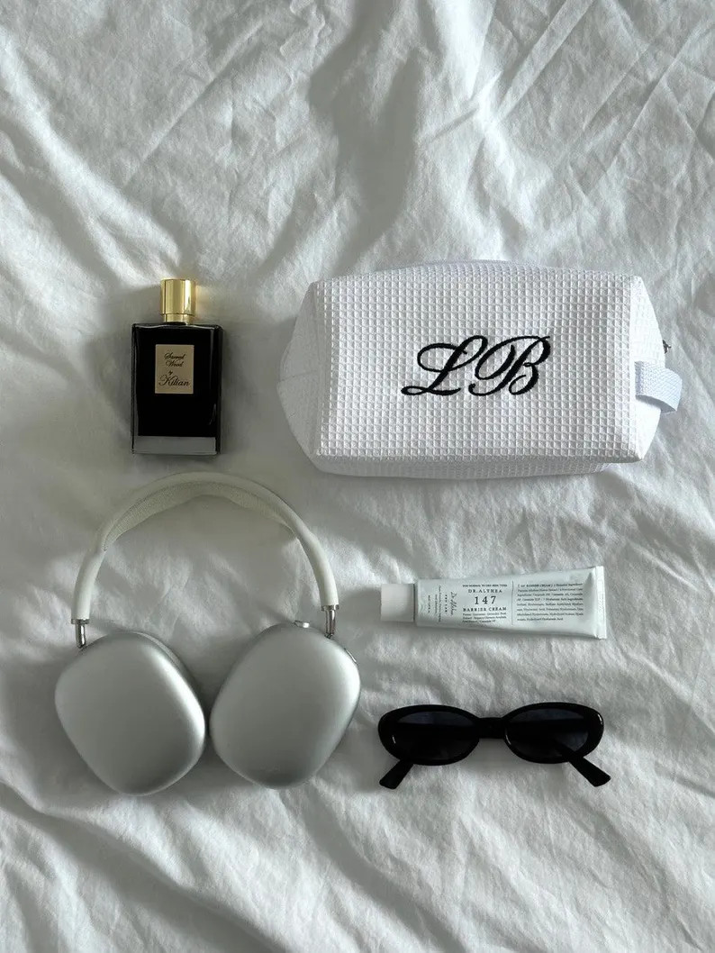 Personalized Makeup Bag With Initials – Modern Minimalist Cosmetic Bag, Aesthetic Waffle Toilet... | Etsy (US)