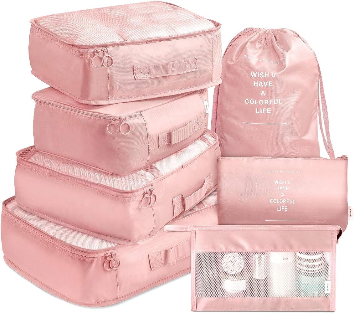 Packing Cubes VAGREEZ 7 Pcs Travel Luggage Packing Organizers Set with Toiletry Bag (Pink) | Amazon (US)