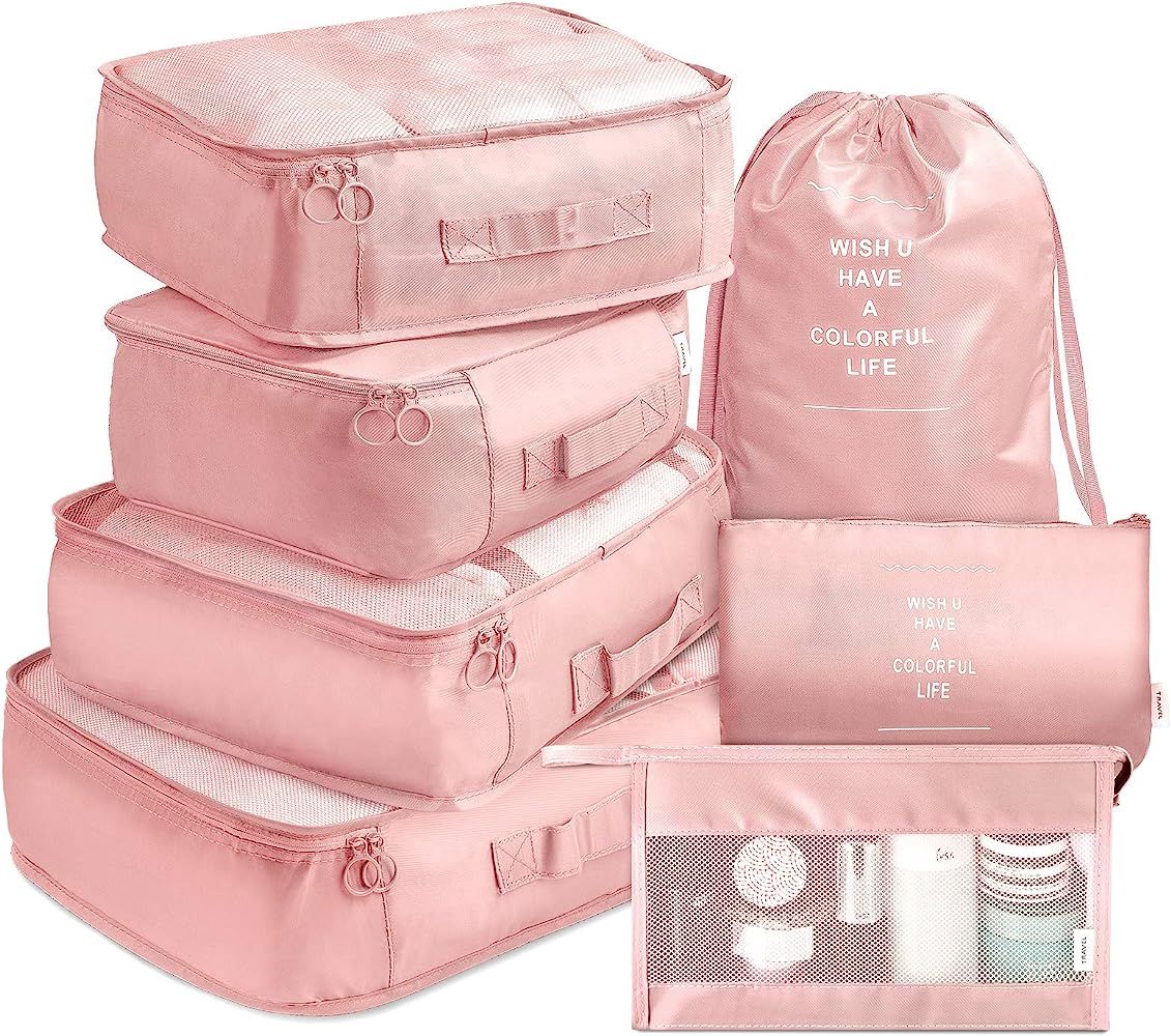 Packing Cubes VAGREEZ 7 Pcs Travel Luggage Packing Organizers Set with Toiletry Bag (Pink) | Amazon (US)