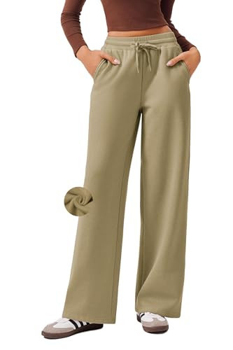 PINSPARK Women Wide Leg Sweatpants Soft Fleece Lined Athletic Pant Winter Loose High-Waisted Active Sweat Pants with Pockets, Khaki Petite S | Amazon (US)