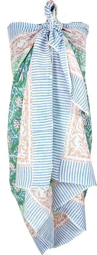 100% Cotton Block Print Sarong - Women's Swimsuit Wrap Cover-Up, Long Beachwear & Resort Apparel | Amazon (US)