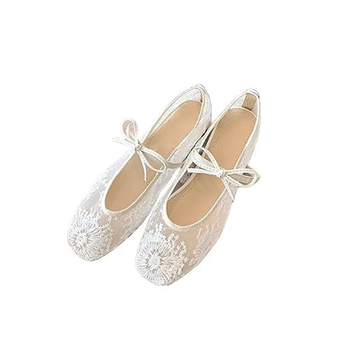 Bow Ballet Flats for Women Lace Backless Flats Women's Mary Jane Slip on Flat Shoe Party Dating Dress Flat Shoe (White,8.5) | Amazon (US)