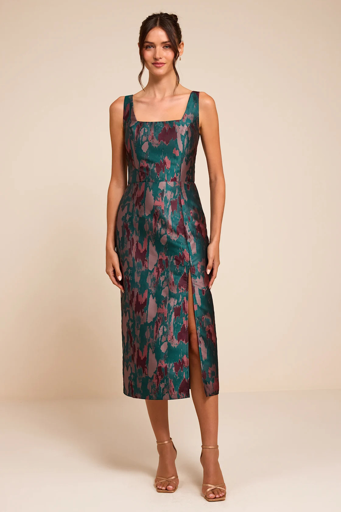 Diani Teal Abstract Jacquard Column Midi Dress | Lulus