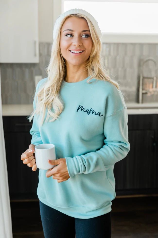 Mama Embroidered Script Dusty Blue Sweatshirt | Pink Lily
