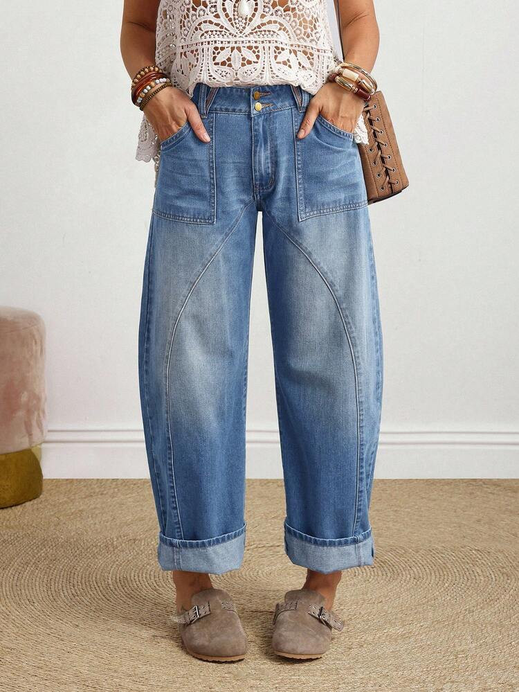 SHEIN PETITE Women's Button Waist Design Pocket Tapered Casual Jeans | SHEIN