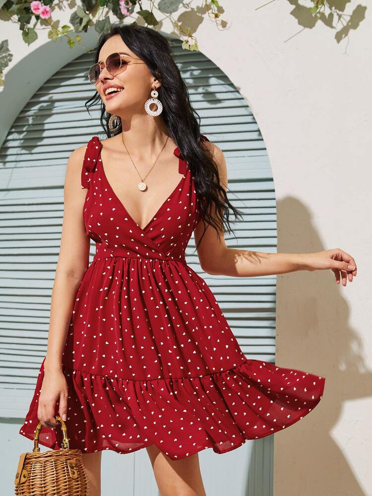 Heart Print Plunging Neck Ruffle Hem Dress | SHEIN