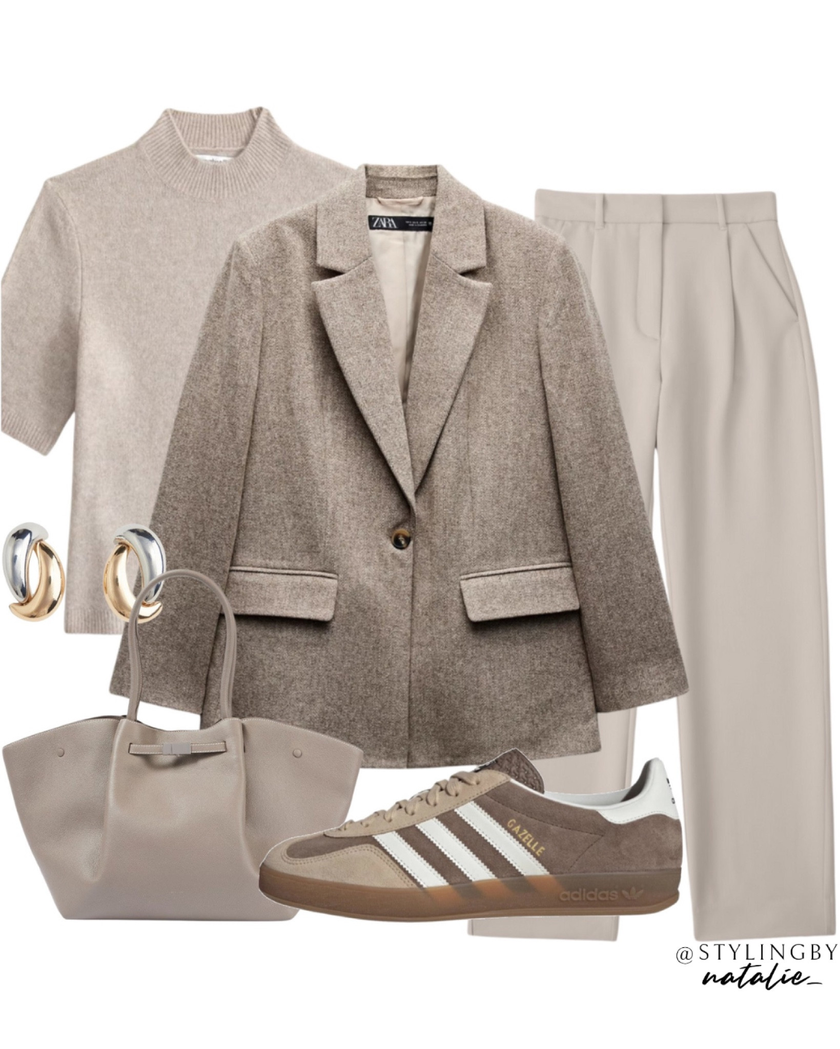 Zara herringbone blazer, tailored trousers, knit top, Demellier tote bag, adidas gazelle trainers.
Neutral outfit, autumn look, fall outfit. Casual outfit, workwear, work look.

#LTKworkwear #LTKautumn #LTKstyletip