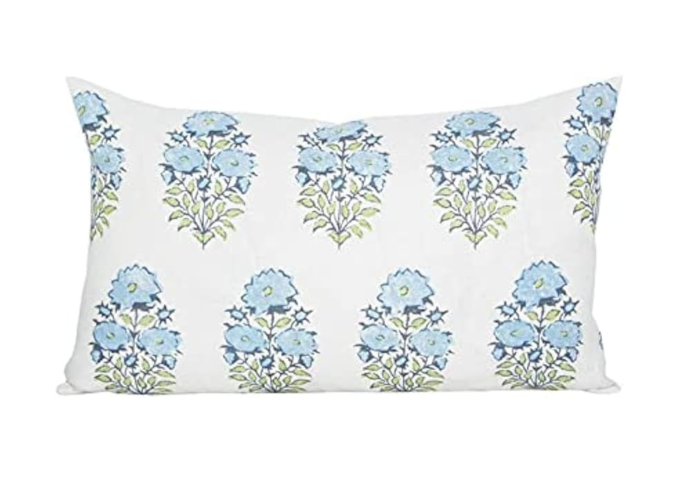 Kiss Cervical Lisa Fine Mughal Flower Pillow Cover in Monsoon,Blue Floral Modern Pillow Cover with Zipper Lumbar Farmhouse Linen Pillow Sham 12x 20 | Amazon (US)