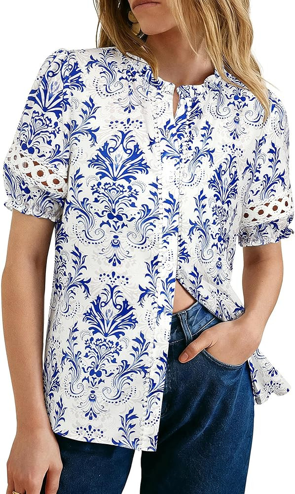 GRACE KARIN Women Boho Floral Tops, Summer Short Eyelet Sleeve Dressy Casual Shirts, Spring Butto... | Amazon (US)
