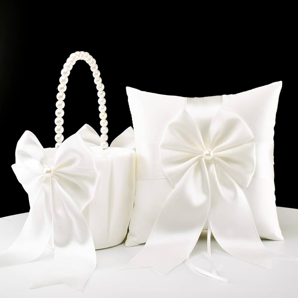 Flower Girl Baskets and Ring Bearer Pillow Set, Flower Girl Basket with Pearl Handle, Ivory Fariy... | Amazon (US)