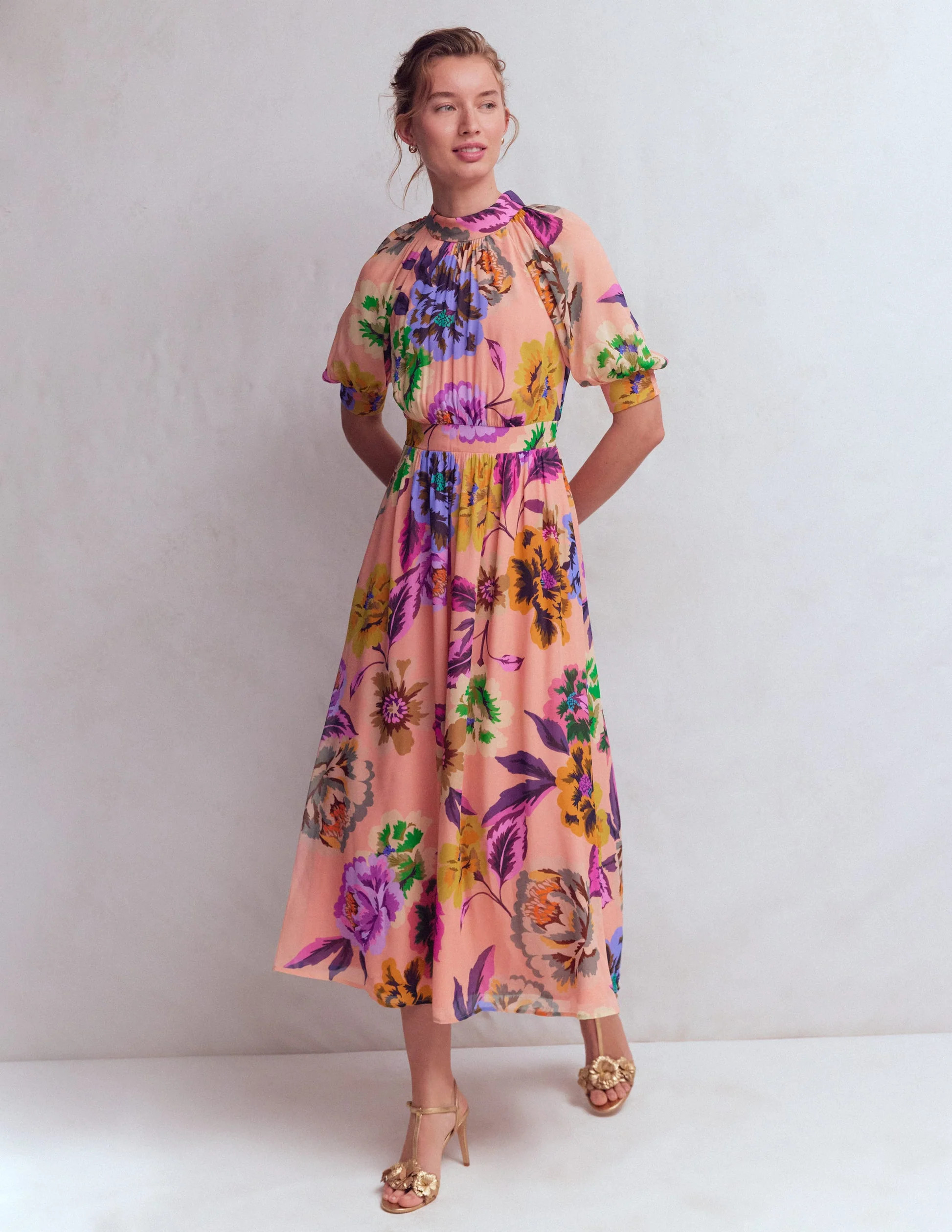High Neck Blouson Sleeve Dress-Multi Opulent Blossom | Boden (US)