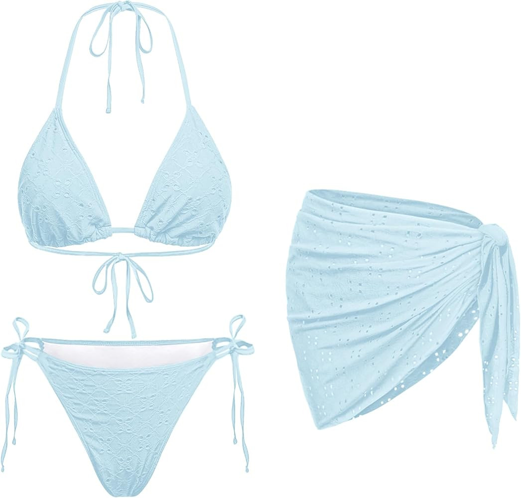 Women 3 Piece Swimsuits - Sexy Triangle Bikini Sets with Cover Up Halter String Tie Side Bathing ... | Amazon (US)