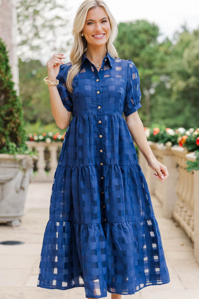 So Worth It Navy Organza Button Down Midi Dress | The Mint Julep Boutique