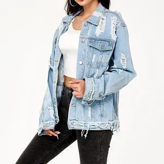 Distressed Denim Jacket Light Blue - 2XL | YesStyle Global