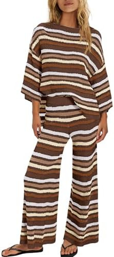 ReachMe Womens Oversized Striped 2 Piece Sets Sweater and Wide Leg Pants with Pockets Pajama Loun... | Amazon (US)