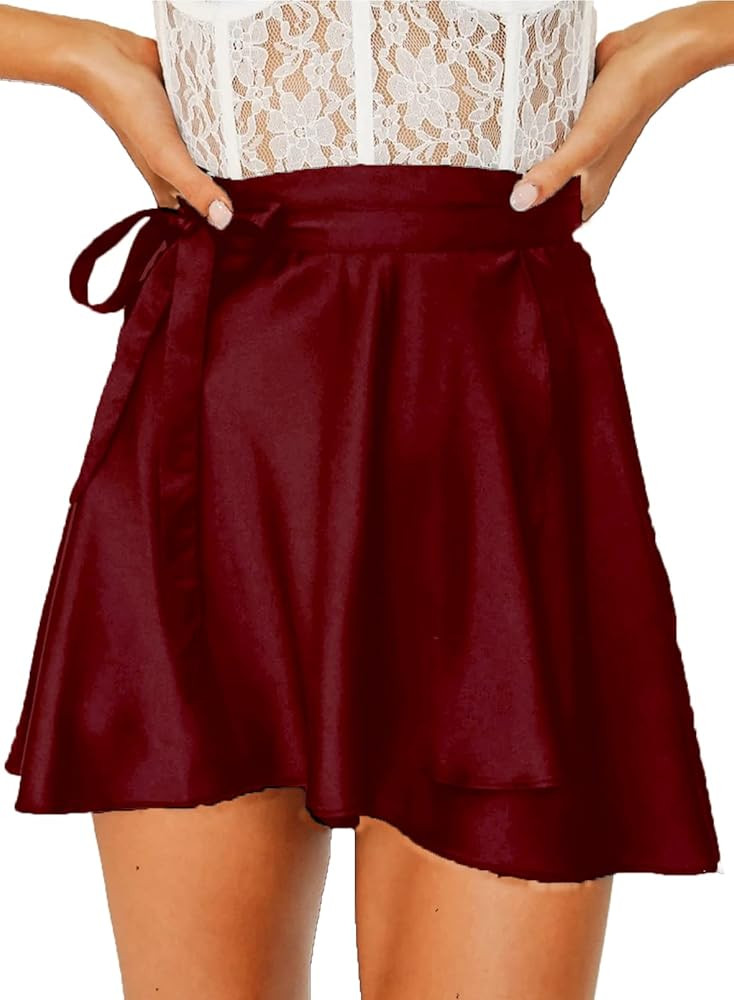 Womens Wrap Mini Skirts Casual High Waist Self Tie Knot Silk Satin Short Skater Skirt | Amazon (US)