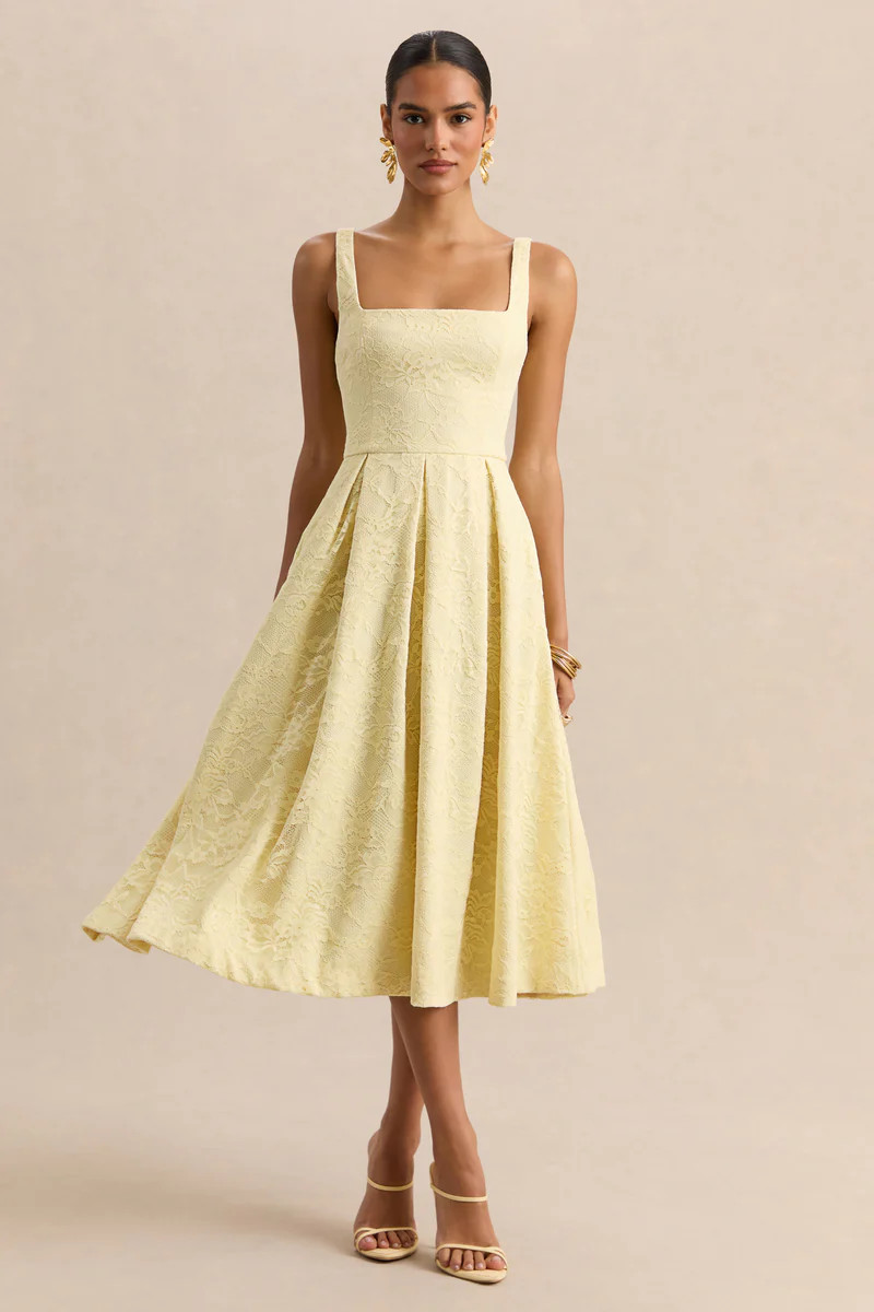Ashmara  Lemon Lace Square-Neck Midi Dress | Club L London