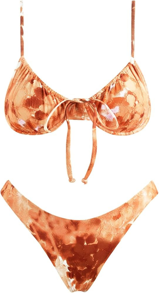 Women's Triangle Bikini Set Swimsuit Print Push Up Elastic Tie String Top Ribbed Two Piece Bathing Suit | Amazon (US)