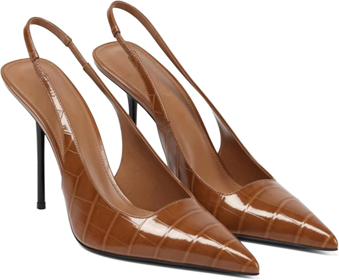 Women's Slingback Stiletto High Heels Pointed Toe Slip On Pumps Shoes Patent Leather Stretch Stra... | Amazon (US)