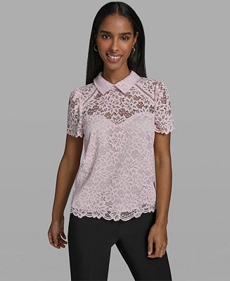 Women's Short-Sleeve Floral Lace Woven Blouse | Macy's