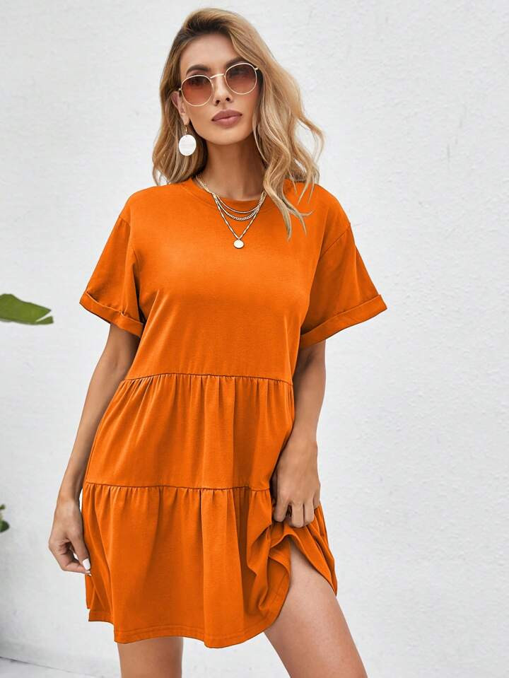 SHEIN VCAY Women's Solid Color Short Sleeve Round Neck Dress With Ruffle Hem | SHEIN