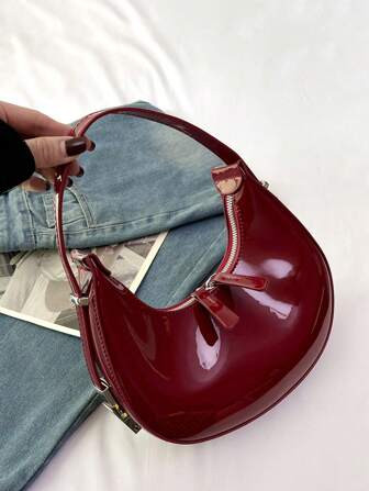 Unique Design Women's Handbag, New Moon-Shaped Shoulder Bag, Metal Buckle, Mirror Surface, Red Sm... | SHEIN