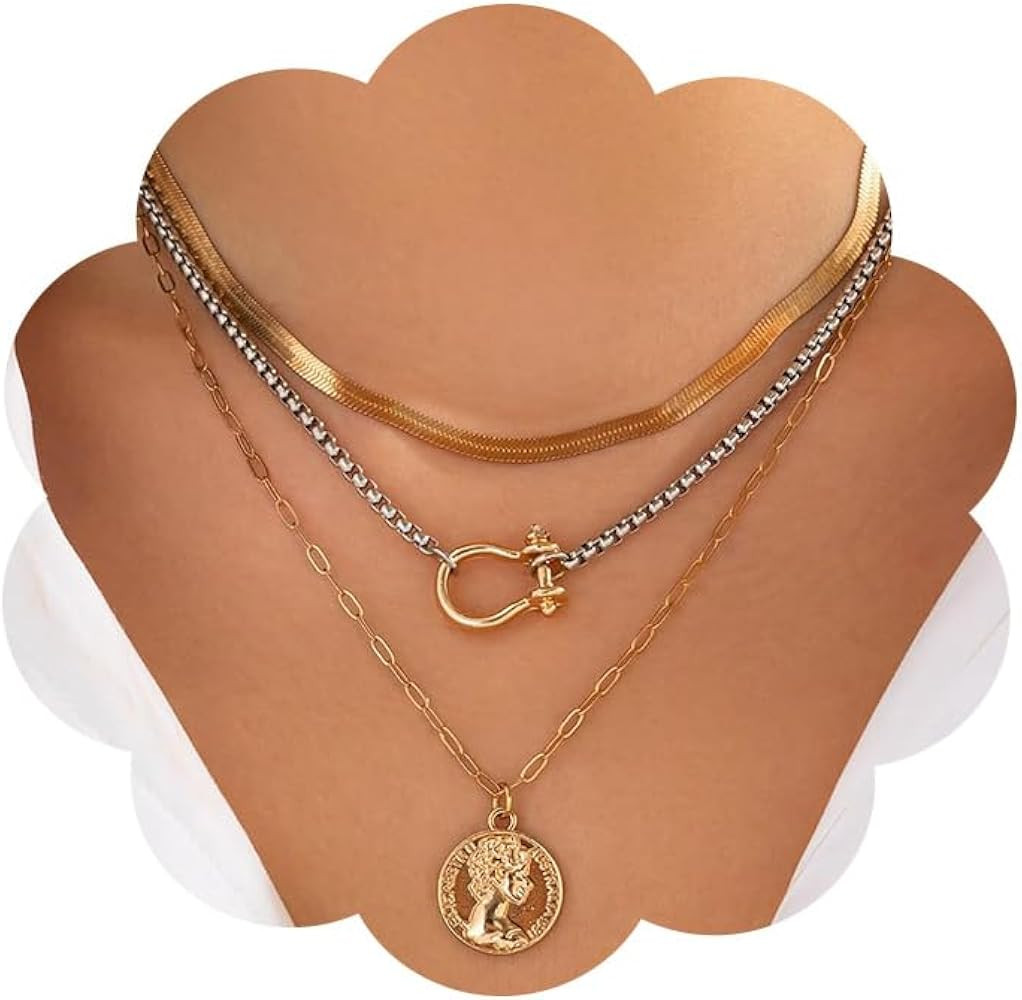 Layered Necklaces for Women Chunky Silver Necklace Coin Paperclip Stacked Necklace Trendy Stateme... | Amazon (US)