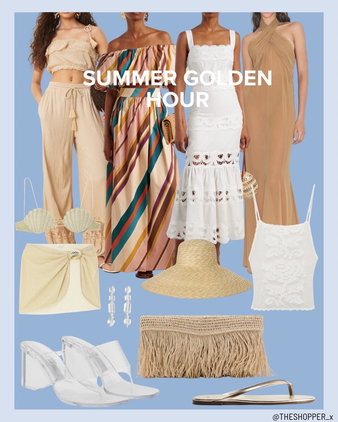 Summer Golden Hour
White backless top, clear dangle earrings, glass mule shoes, gold bikini, gold sarong, white midaxi dress lace, striped bardot, maxi skirt, gold dress halterneck, raffia bag, gold sandals, raffia beach straw hat, brown top, trousers

#LTKsummer #LTKuk #LTKeurope