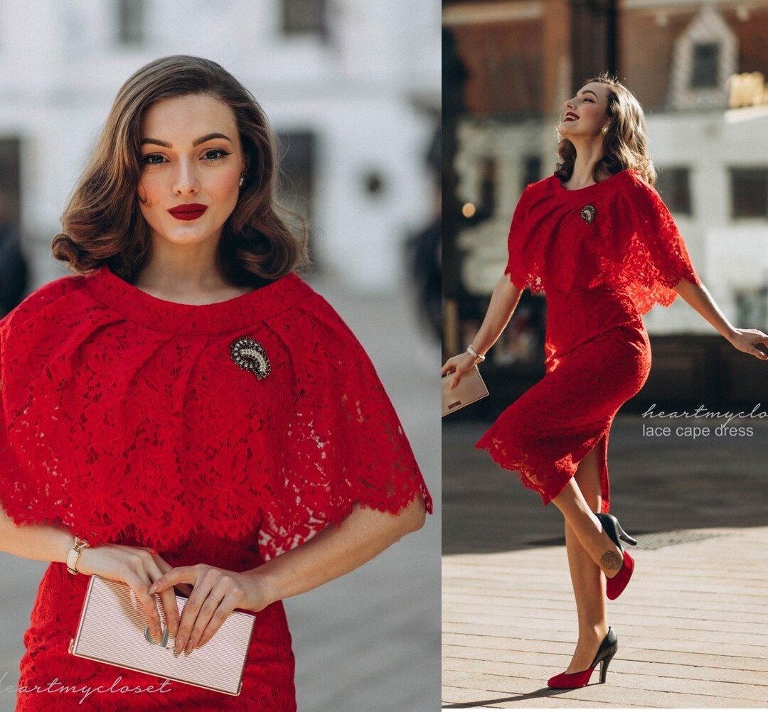 Red Cape + Pencil Dress Inspired From a Beautiful Design Custom Made All Sizes - Etsy | Etsy (US)
