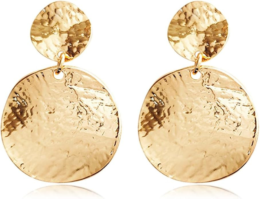 Boho Texture Earrings Gold Disc Coin Earring Vintage Disc Drop Earrings Hammered Round Circle Dan... | Amazon (US)
