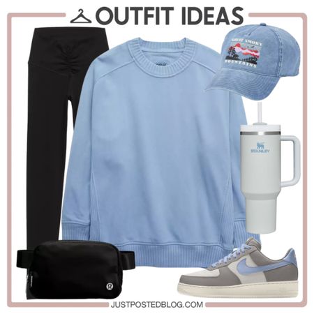 Great casual look for fall with a blue tunic sweatshirt, black leggings, belt bag, and Nike sneakers 

#LTKstyletip #LTKunder50 #LTKunder100