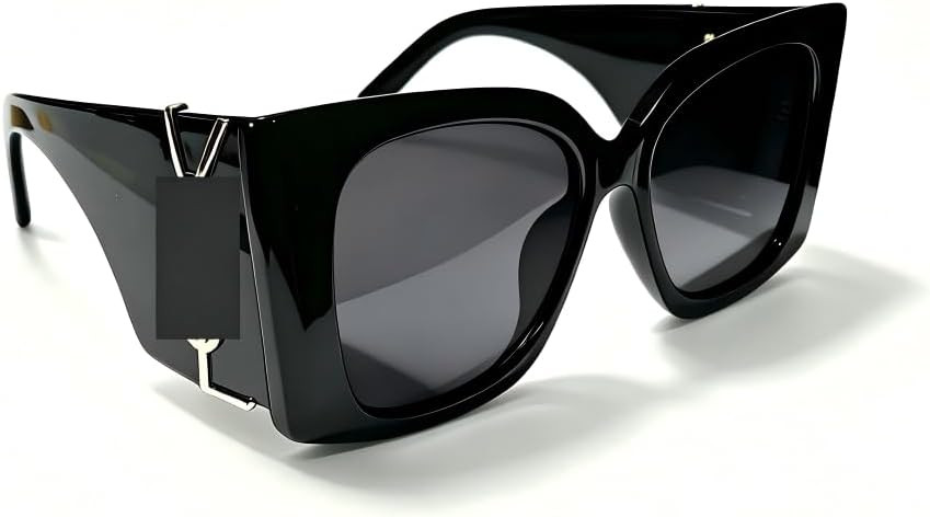 Oversized Square Sunglasses, Black Frame with Gold Temple Detail | Amazon (US)