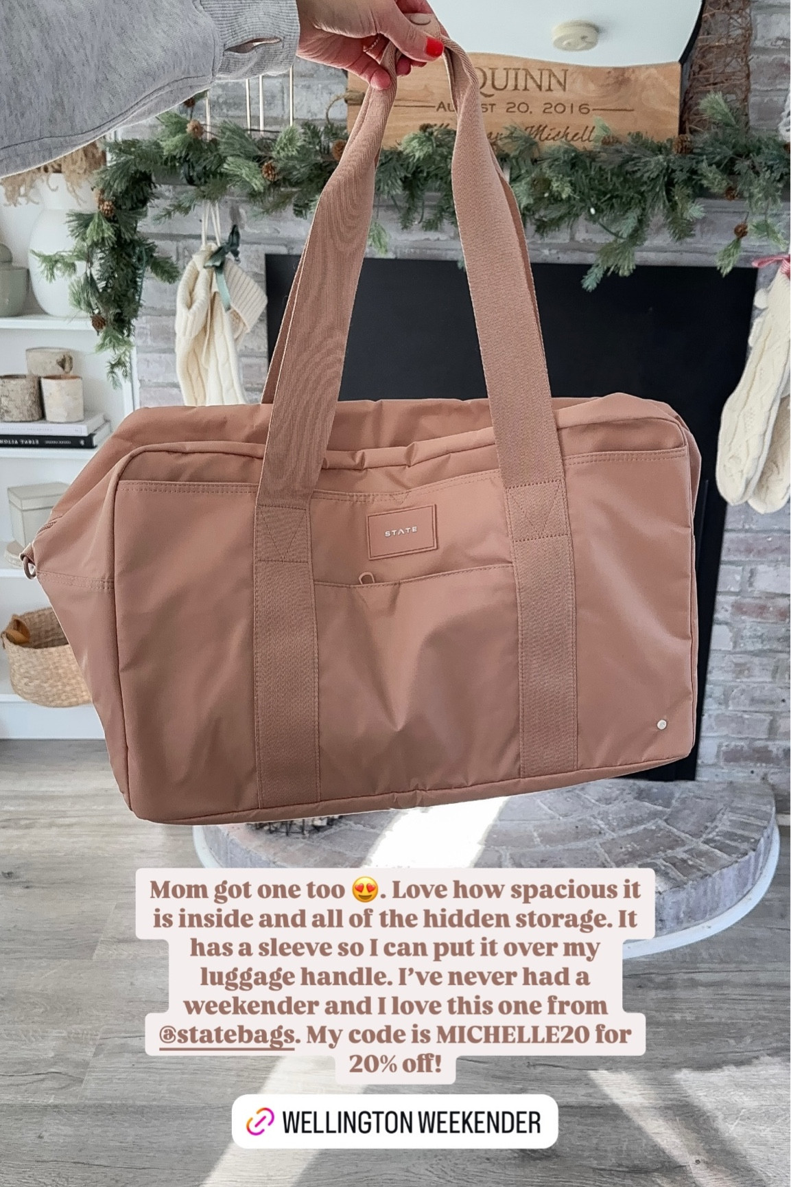 Mom got one too 😍. Love how spacious it is inside and all of the hidden storage. It has a sleeve so I can put it over my luggage handle. I’ve never had a weekender and I love this one from @statebags. My code is MICHELLE20 for 20% off!