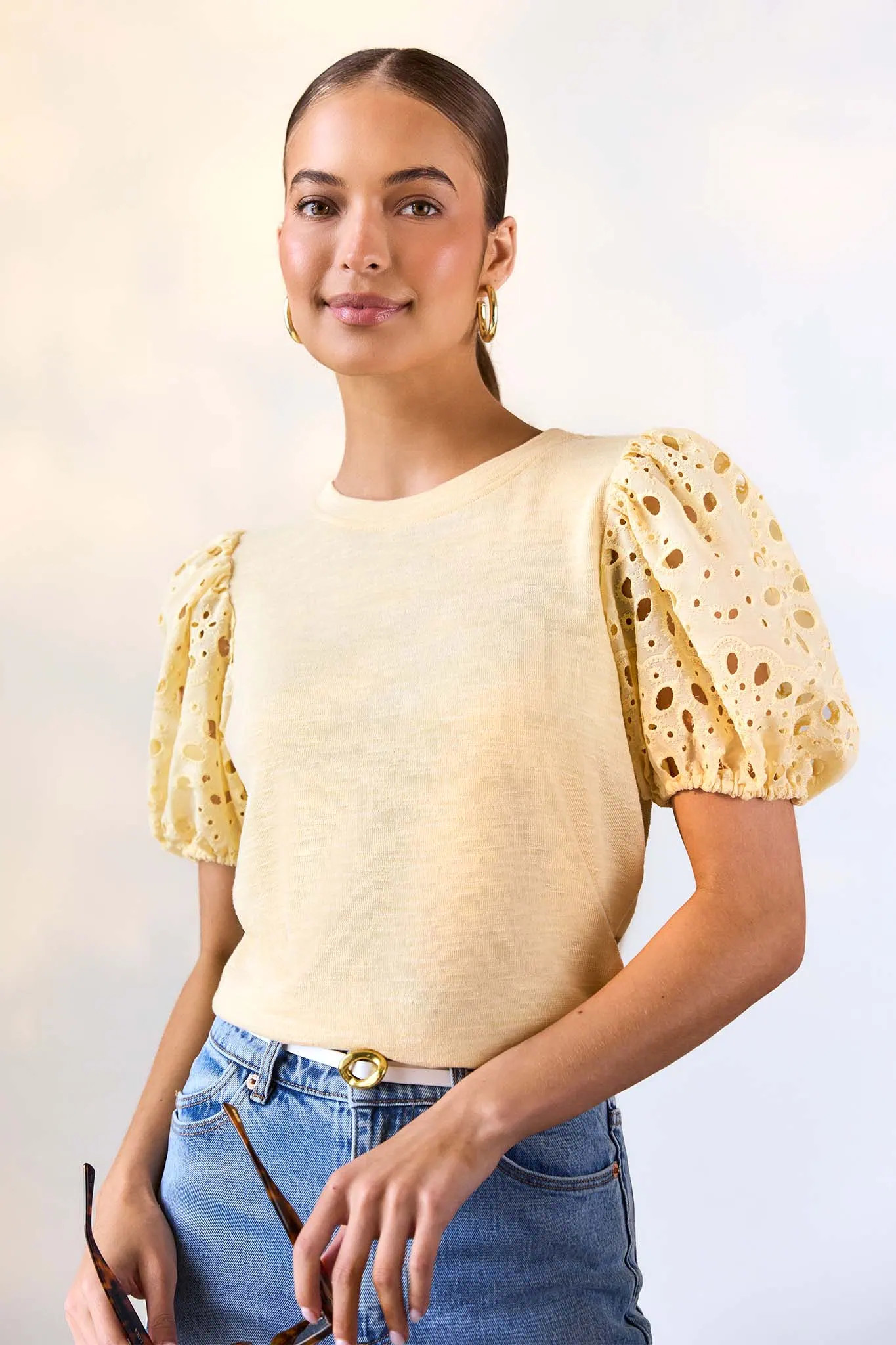 Lila Yellow Embroidered Puff Sleeve Top | Avara