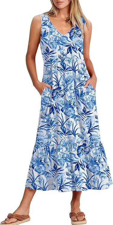 ANRABESS Women Summer Maxi Dresses A-line Tiered Flowy V Neck Sleeveless Swing 2026 Casual Beach ... | Amazon (US)