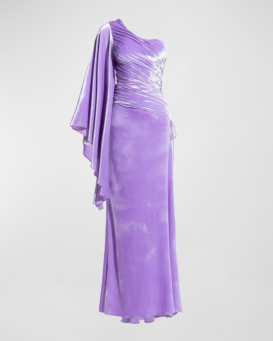 Yolanda Laced-Cutout Gathered Cape-Sleeve Satin Gown | Neiman Marcus