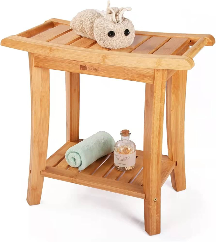 Bamboo Shower Bench with Storage Shelf, Wooden Spa Bath Deluxe Organizer Shower Stool for Inside ... | Amazon (US)