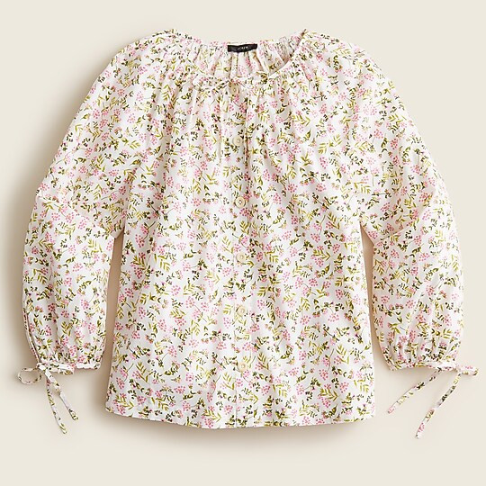 Tie-sleeve button-front cotton poplin top in meadow floral | J. Crew US