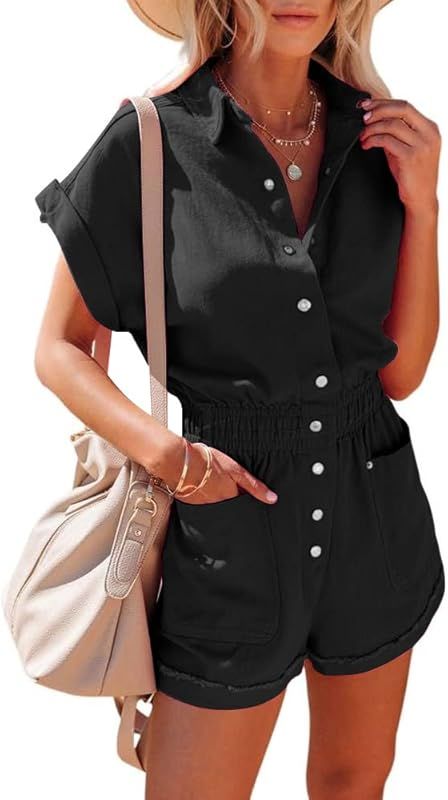 Women's Short Cuffed Sleeve Utility Rompers Elastic Waist Button Down Cotton Pocketed Jumpsuit | Amazon (US)