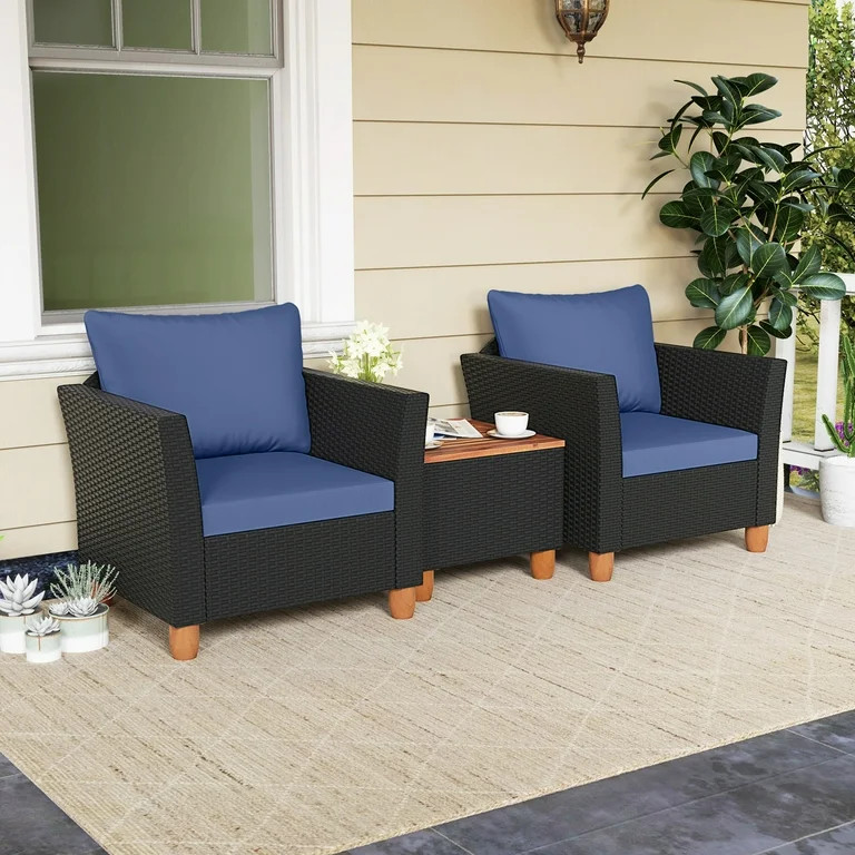 Costway 3PCS Outdoor Patio Rattan Furniture Set Wooden Table Top Cushioned Sofa Navy | Walmart (US)