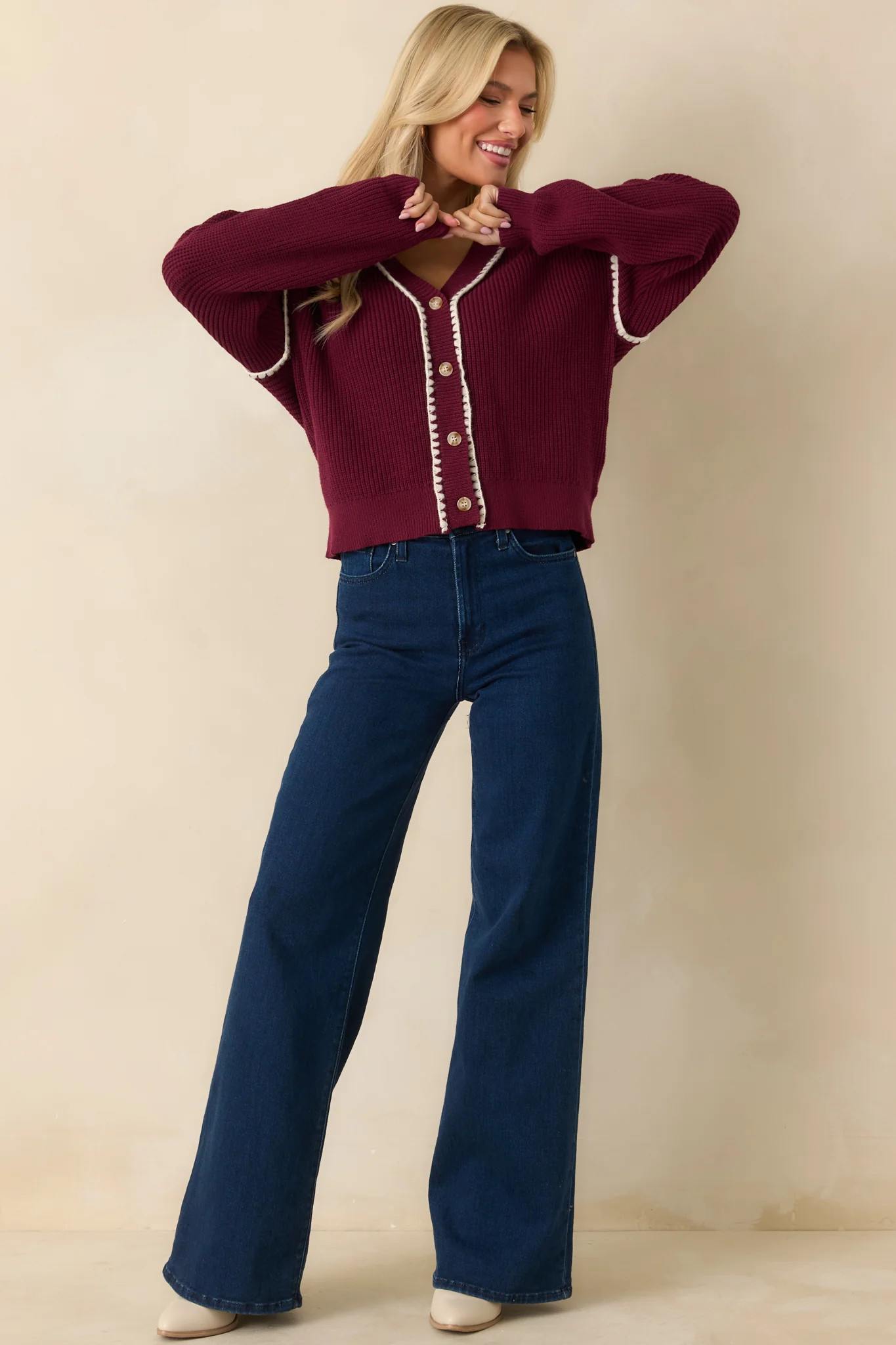 On The Mark Maroon Contrast Trim Knit Button Up Cardigan | Red Dress