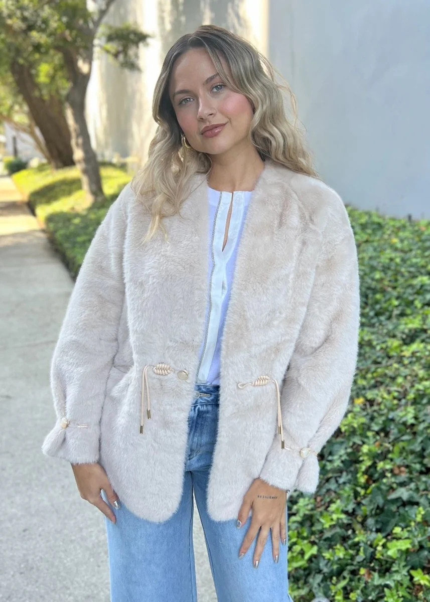 Clarisse Faux Fur Coat with Fishtail Braid Tie Detail - Light Taupe | Benaar La