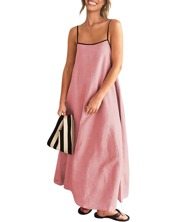 Shy Velvet Women's 2024 Summer Linen Maxi Dress Contrast Spaghetti Strap Dress Backless Sleeveles... | Amazon (US)