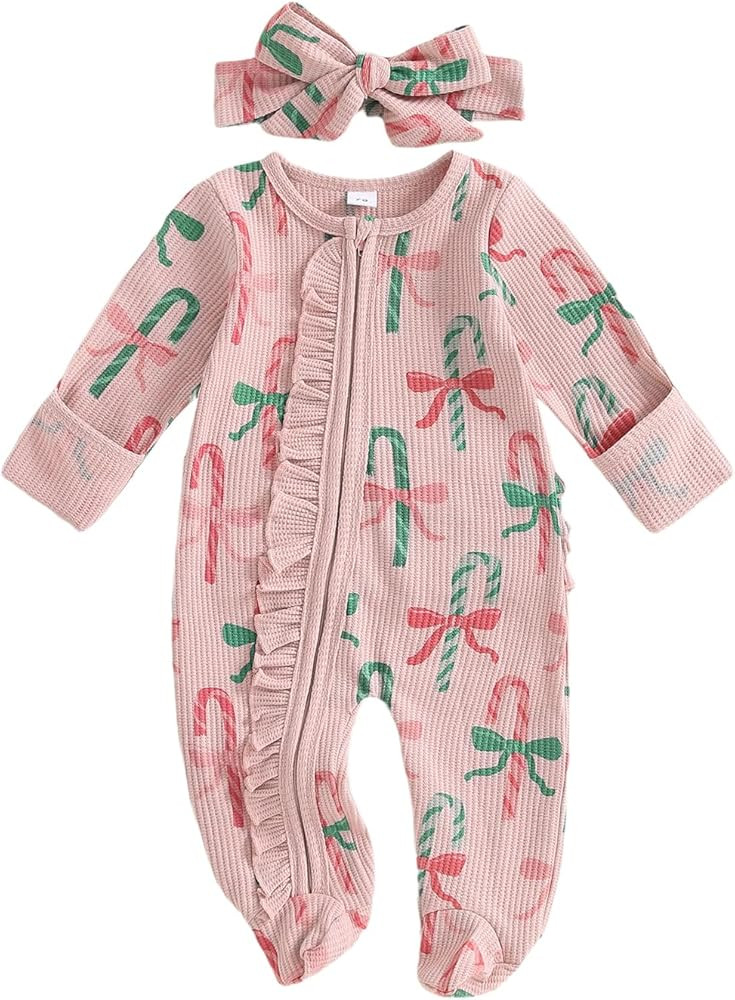 Newborn Baby Girl Christmas Outfit Bow Candy Cane Footed Romper Headband Infant My First Xmas Jum... | Amazon (US)