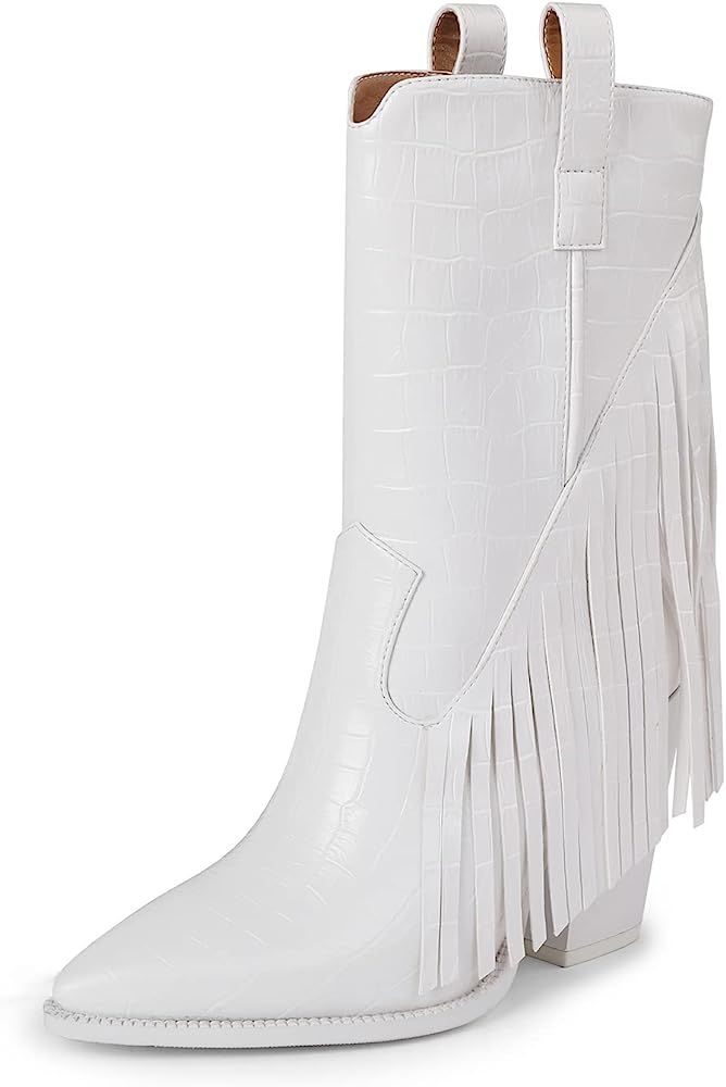 ISNOM Fringe Cowboy Boots for Women, with Sassy Tassel and Block Heel Design | Amazon (US)
