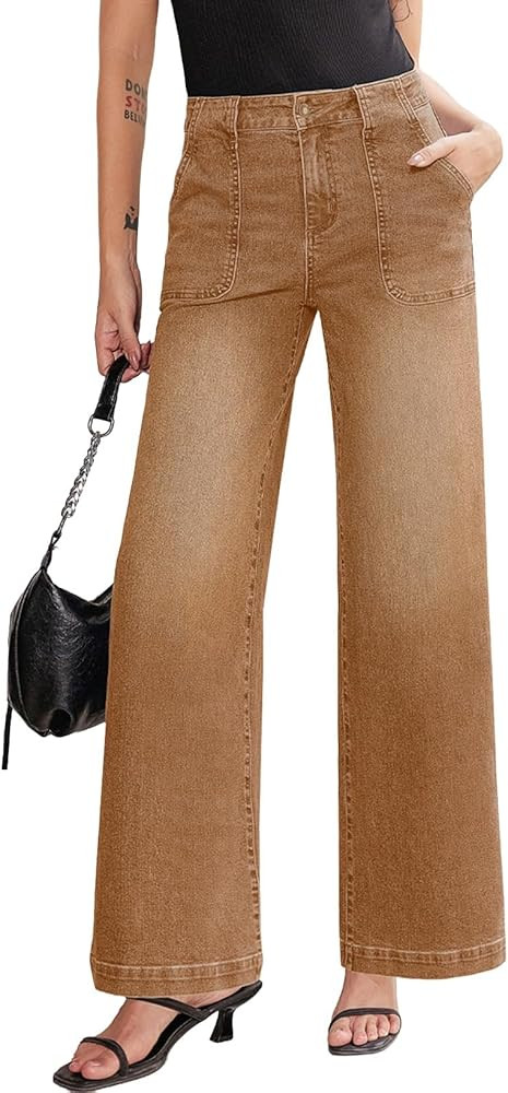 Sidefeel Womens Wide Leg Jeans High Waisted Stretchy Straight Leg Baggy Denim Pants with Pockets | Amazon (US)