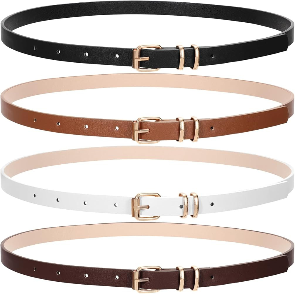 JASGOOD 4 Pack Skinny Women Leather Belt for Dresses Thin Waist Belt for Jeans Pants with Gold Bu... | Amazon (US)