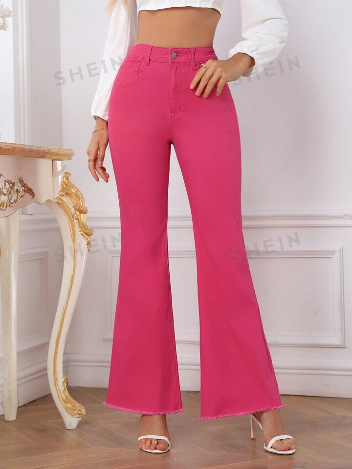 SHEIN Privé High-waist Flared Jeans In Rose Pink | SHEIN