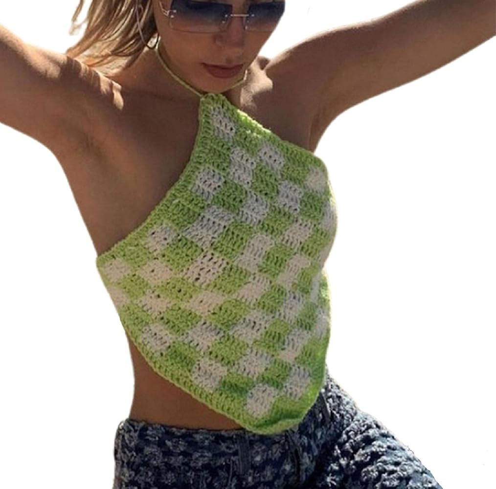 Halter Neck Crop Cami Top Knitted Printed Tank Tops Tee Y2k Sleeveless Strappy Summer Shirts Streetw | Amazon (US)